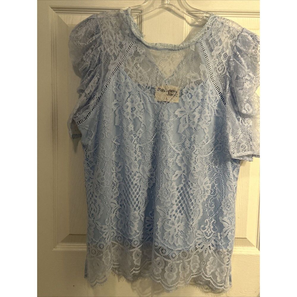 Savanna Jane Size L Blue Lace Blouse High Neck Puff Shoulder Long Sleeve NWOT